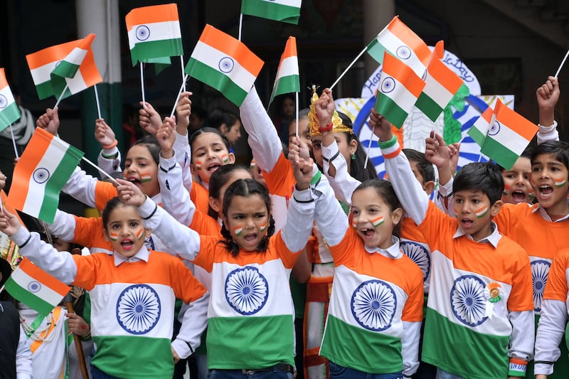 Children in Amritsar, north-western India, take part in an event to mark the country's 75th Republic Day. AFP