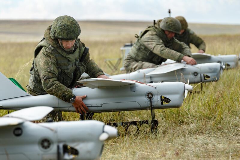TRANSBAIKAL TERRITORY, RUSSIA  SEPTEMBER 13, 2018: Orlan-10 unmanned aerial vehicles take part in the main stage of the Vostok 2018 military exercise held jointly by the Russian Armed Forces and the Chinese People's Liberation Army at the Tsugol range. Vadim Savitsky/Russian Defence Ministry Press Office/TASS (Photo by Vadim Savitsky\TASS via Getty Images)