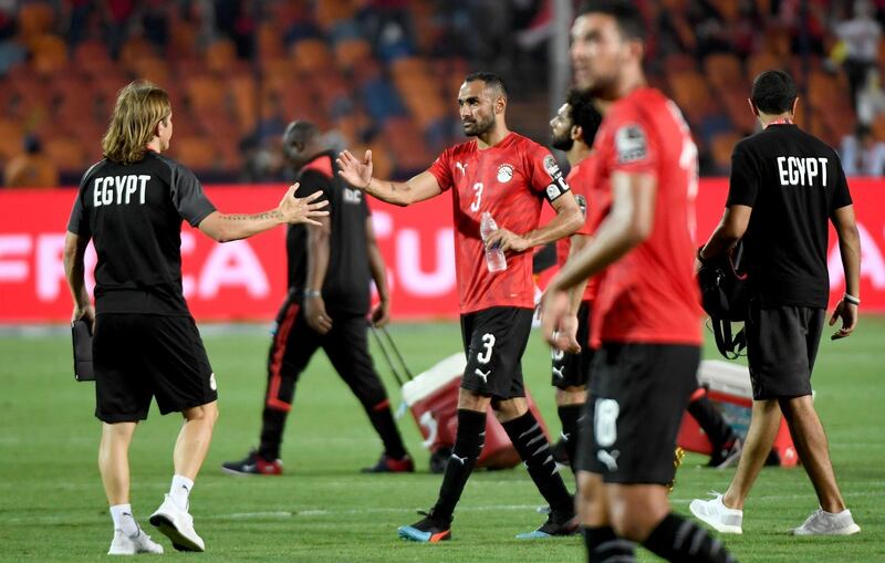 Egypt defender Ahmed Elmohamady celebrates after winning the 2019 Africa Cup of Nations match against DR Congo. AFP