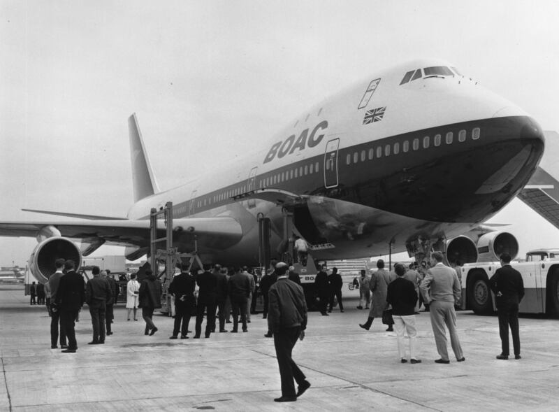 The first Boeing 747 to be operated by the British Overseas Airways Corporation arrives at Heathrow Airport in May 1970