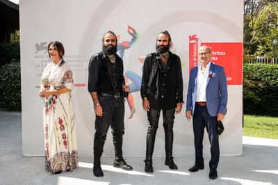 The delegation for 'Gaza Mon Amour' on the red carpet at the Venice Film Festival with director Albert Barbera, far right. La Biennale di Venezia