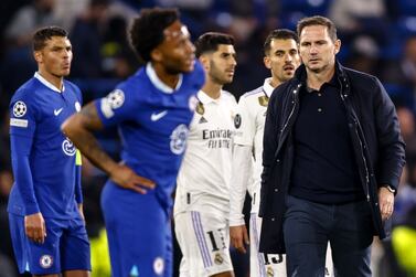 Chelsea's head coach Frank Lampard (R) reacts after the UEFA Champions League quarter final, 2nd leg match between Chelsea and Real Madrid in London, Britain, 18 April 2023.   EPA / TOLGA AKMEN