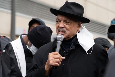 Reverend Jesse Jackson speaks to protesters in downtown Minneapolis on Monday, April 19. Willy Lowry / The National