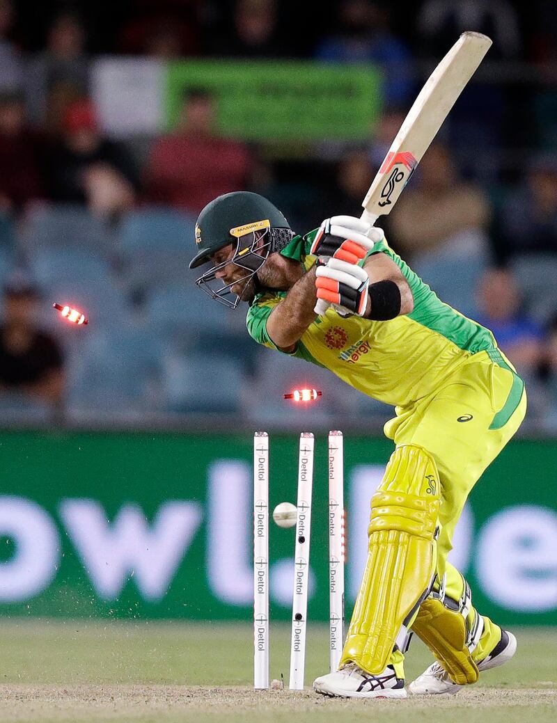 Australia batsman Glenn Maxwell is bowled by India's Jasprit Bumrah during the third ODI match at Manuka Oval in Canberra on Wednesday, December 2. India won the match but lost the series 2-1. AP