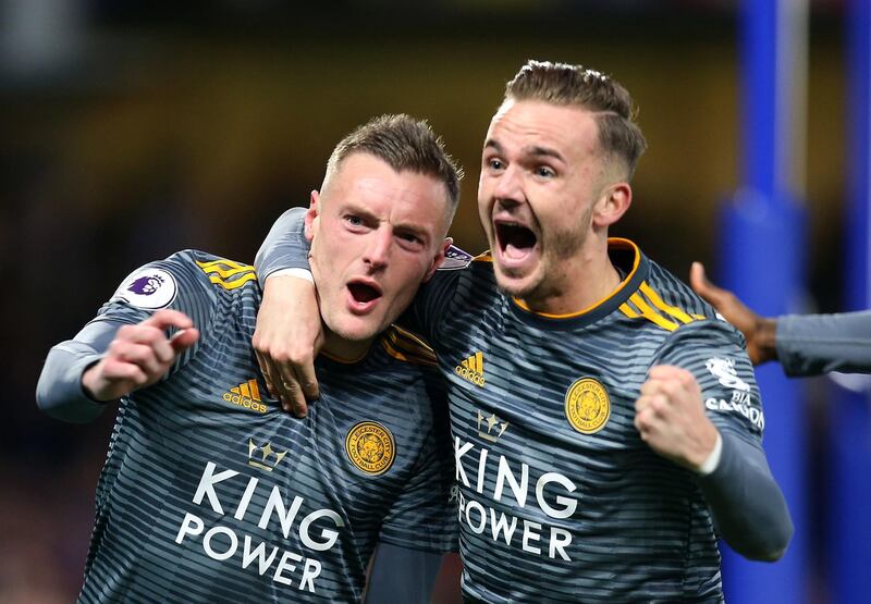 LONDON, ENGLAND - DECEMBER 22: Jamie Vardy of Leicester City celebrates with James Maddison of Leicester City after scoring to make it 0-1 during the Premier League match between Chelsea FC and Leicester City at Stamford Bridge on December 22, 2018 in London, United Kingdom. (Photo by Plumb Images/Leicester City via Getty Images)