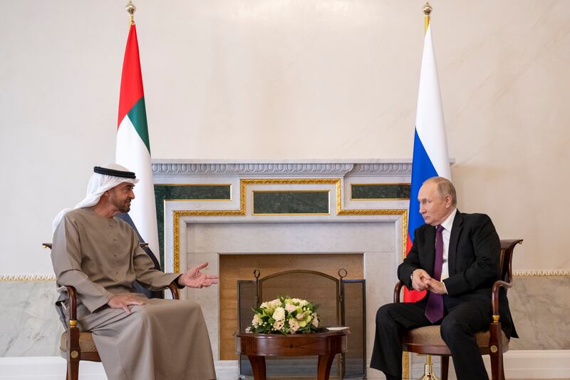 President Sheikh Mohamed meets Vladimir Putin at the Constantine Palace in Saint Petersburg. Hamad Al Kaabi / UAE Presidential Court