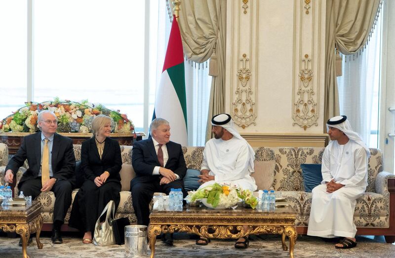 ABU DHABI, UNITED ARAB EMIRATES - September 10, 2018: HH Sheikh Mohamed bin Zayed Al Nahyan, Crown Prince of Abu Dhabi and Deputy Supreme Commander of the UAE Armed Forces (2nd R), receives retired General Anthony Zinni United States envoy (3rd R), during a Sea Palace barza. Seen with HH Sheikh Hazza bin Zayed Al Nahyan, Vice Chairman of the Abu Dhabi Executive Council (R). 

(  Rashed Al Mansoori / Crown Prince Court - Abu Dhabi  )
---