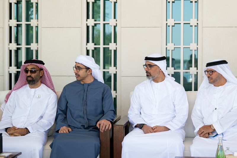 Sheikh Tahnoon bin Zayed, National Security Adviser and Deputy Ruler of Abu Dhabi, Sheikh Abdullah bin Zayed, Minister of Foreign Affairs, Sheikh Khaled bin Mohamed, Crown Prince of Abu Dhabi and Chairman of Abu Dhabi Executive Council, and Dr Anwar Gargash, Diplomatic Adviser to the UAE President, attend the meeting with Mr Blinken