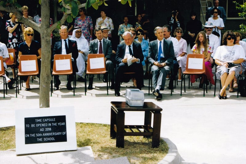 Pupils and teachers look on as the time capsule is buried at the British School - Al Khubairat. Courtesy: BSAK