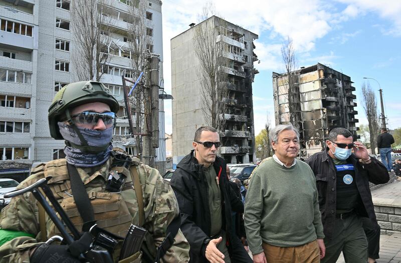UN Secretary General Antonio Guterres during a visit in Borodianka, outside Kyiv, on April 28. AFP