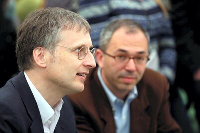 D8FKH8 Hay on Wye, UK. 27th May 2013. 
 Pictured L-R: Viktor Mayer-Schonberger and Kenneth Cukier authors of Big Data.
 Re: The Telegraph Hay Festival, Hay on Wye, Powys, Wales. Credit:  D Legakis / Alamy Live News