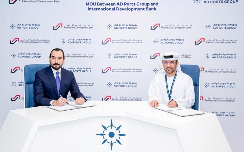 Capt Mohamed Juma Al Shamisi, managing director and group chief executive of AD Ports Group (right) and Ziad Khalaf, chairman of International Development Bank, sign the agreement. Photo: AD Ports Group