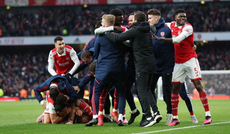 Arsenal's Reiss Nelson celebrates scoring the winning goal. Reuters