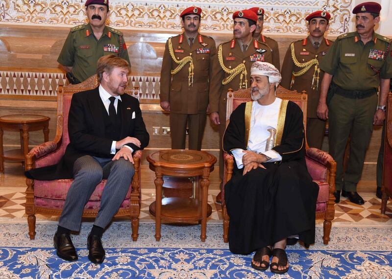 Oman's newly sworn-in Sultan Haitham bin Tariq (R) receiving King Willem-Alexander of the Netherlands in the capital Muscat.  AFP