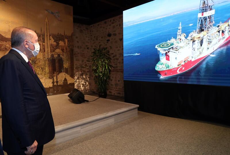 President Recep Tayyip Erdogan takes part in a video conference with Turkish drilling vessel 'Fatih' before announcing the biggest natural gas discovery in history, in Istanbul, Turkey.  EPA
