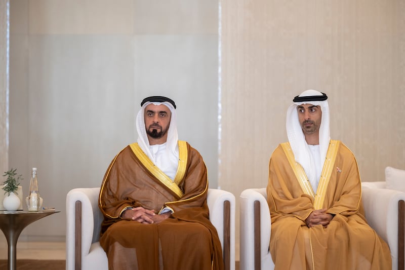 Sheikh Saif and Sheikh Hamdan bin Mohamed attend the reception for Sultan Haitham at the Presidential Airport