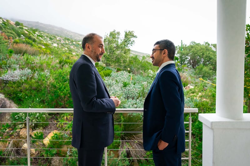 Sheikh Abdullah speaks with Hossein Amirabdollahian, Iran's Minister of Foreign Affairs, on the sidelines of the Brics meeting