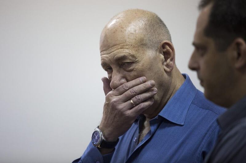 Former Israeli prime minister Ehud Olmert attends his trial at the Jerusalem District Court on May 25. AP