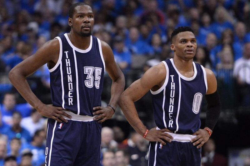 Kevin Durant and Russell Westbrook of the Oklahoma City Thunder shown during Game 4 of their first round NBA play-offs series win against the Dallas Mavericks. Larry W Smith / EPA / April 23, 2016 