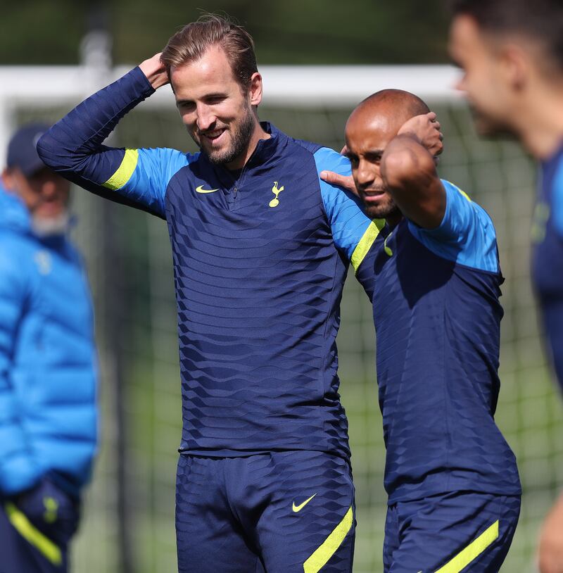 ENFIELD, ENGLAND - AUGUST 25: Harry Kane and Lucas Moura of Tottenham Hotspur during the Tottenham Hotspur training session at Tottenham Hotspur Training Centre on August 25, 2021 in Enfield, England. (Photo by Tottenham Hotspur FC/Tottenham Hotspur FC via Getty Images)