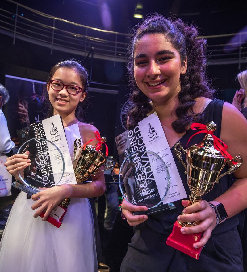 Winners Yuexuan Li of Brighton College Abu Dhabi and Maya Mashhour of Al Yasmina Academy. The girls won for strings and singing, respectively