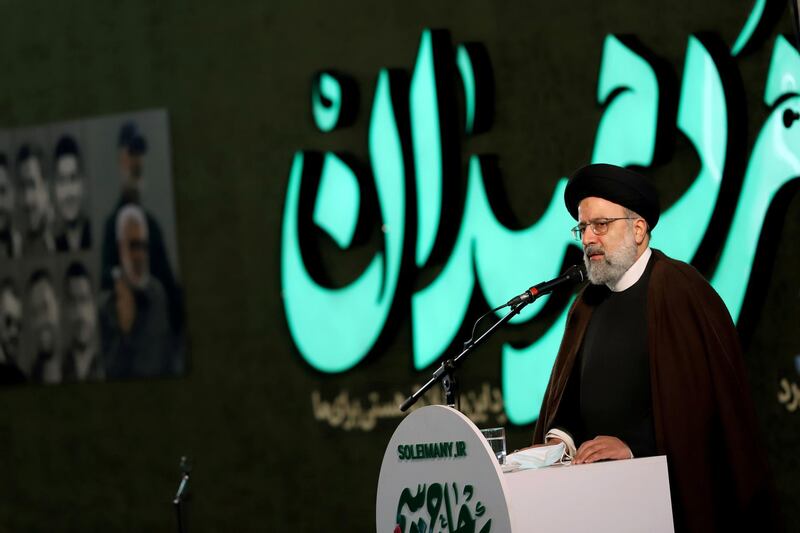 Ebrahim Raisi, head of Iran's judiciary, gives a speech during the ceremony at Tehran University to mark the one year anniversary of the killing of Qassem Suleimani. West Asia News Agency via Reuters