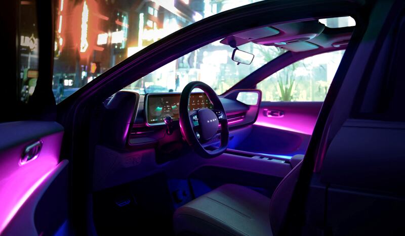 Th interior of Hyundai Motor's Ioniq 6 lights up in different colours. Reuters