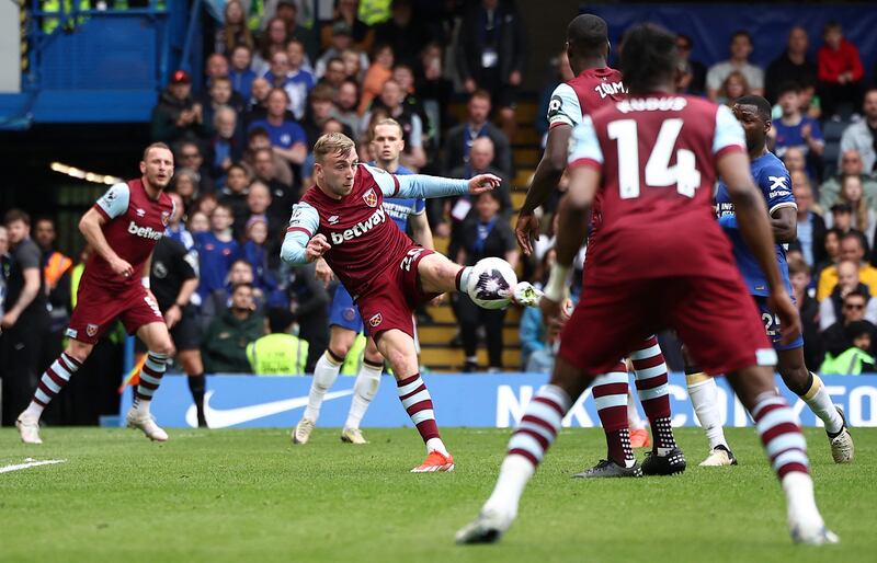 West Ham's Jarrod Bowen shoots against the crossbar. AFP