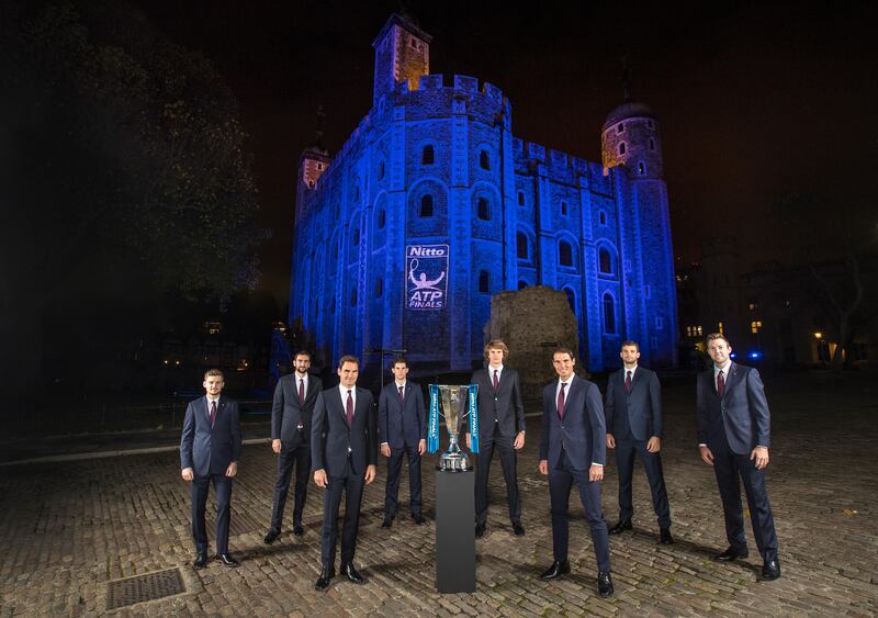 LONDON, ENGLAND - NOVEMBER 09:  The WorldÕs top eight players attend the 2017 Nitto ATP Finals Official Launch, presented by Moet & Chandon, at the Tower of London. (L-R) David Goffin of Belgium, Marin Cilic of Croatia, Roger Federer of Switzerland, Dominic Thiem of Austria, Alexander Zverev of Germany, Rafael Nadal of Spain, Grigor Dimitrov of Bulgaria and Jack Sock of USA pose for a group photo during the The Official Launch ATP Finals at Tower of London on November 9, 2017 in London, England.  (Photo by Julian Finney/Getty Images)