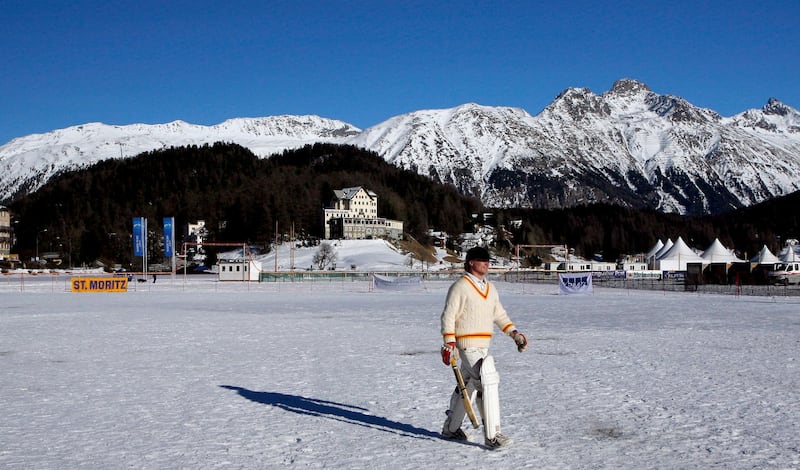 ST. MORITZ, SWITZERLAND - FEBRUARY 02: (EDITOR'S NOTE: AN ON-CAMERA POLARIZING FILTER WAS USED TO CREATE THIS IMAGE)  A batsman walks back after being dismissed in the game between Winterthur XI and Old Salopians XI during the 19th Cricket Tournament on Ice held on the frozen surface of Lake St. Moritz on February 2, 2007 in St. Moritz, Switzerland. The tournament first took place in 1988, when a group of Britons challenged the students of the international boarding school Lyceum Alpinum Zuoz to a game. Since then it has become an integral part of the cricket calendar, attracting international players and high-flying businessmen from all over the world.  (Photo by Scott Barbour/Getty Images)