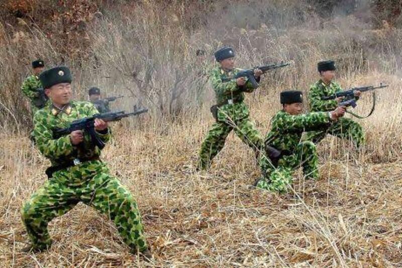 North Korean soldiers with weapons attend military training in this picture released by the country’s official KCNA news agency.