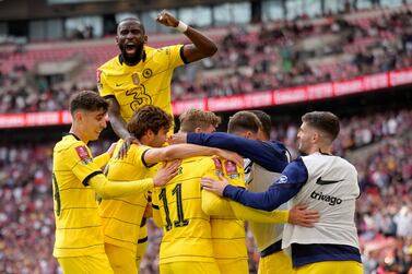 Chelsea players celebrate after Mason Mount scored their second goal during the English FA Cup semifinal soccer match between Chelsea and Crystal Palace at Wembley stadium in London, Sunday, April 17, 2022.  (AP Photo / Kirsty Wigglesworth)