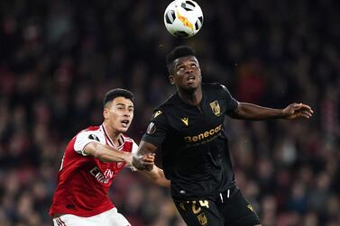 Arsenal's Gabriel Martinelli, left, in action against Mikel Agu of Vitoria SC during the Europa League Group F match at the Emirates Stadium on October 24. EPA