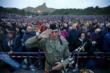 A bagpiper from the Australian army salutes during a dawn ceremony marking the 100th anniversary of the Battle of Gallipoli, at Anzac Cove in Gallipoli on April 25. Reuters