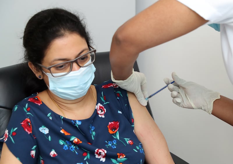 Fiji Antony receives her Pfizer Covid-19 vaccine at the NMC Royal Hospital DIP in Dubai.