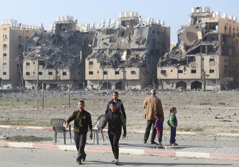 Israeli strikes destroyed residential buildings in the Qatari-funded Hamad city in Gaza on Saturday. Reuters