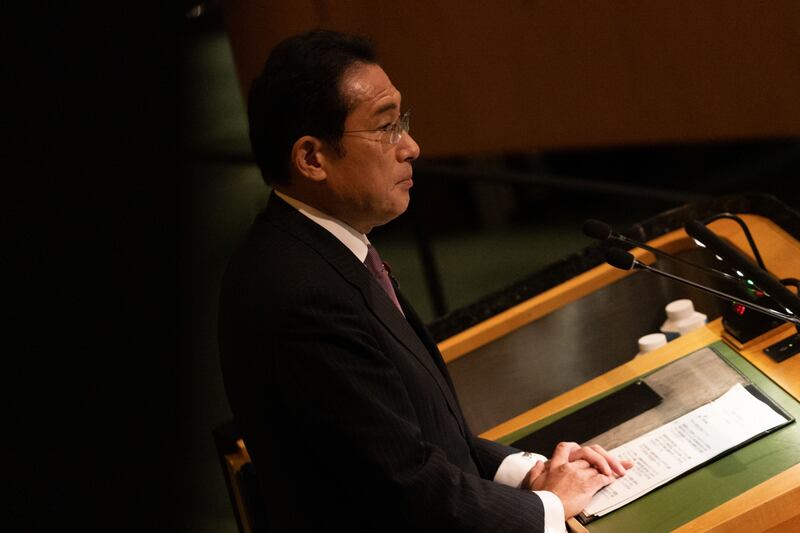 Japanese Prime Minister Fumio Kishida speaks at the UN General Assembly in New York. Bloomberg