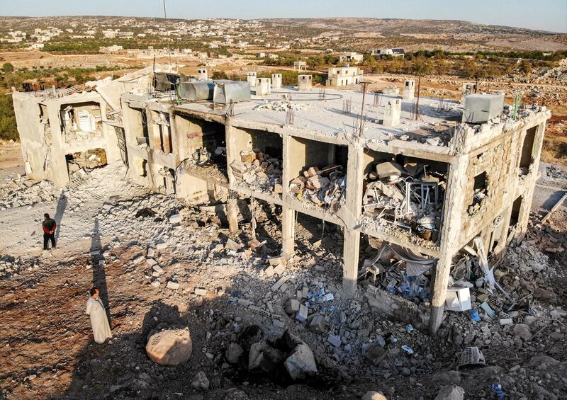 This picture taken early on November 6, 2019 shows an aerial view of a hospital that was reportedly hit by a reported air strike in the Syrian village of Shinan, about 30 kilometres south of Idlib in the northwestern Idlib province. (Photo by Omar HAJ KADOUR / AFP)