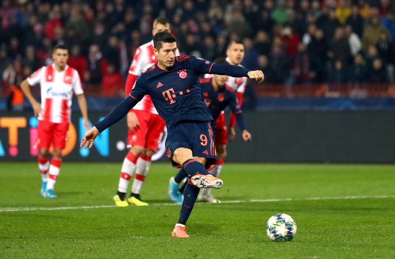 Robert Lewandowski scores his first goal against Red Star. Getty