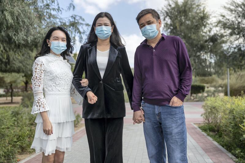 DUBAI, UNITED ARAB EMIRATES. 13 FEBRUARY 2020. Yilin Huang; along with her my mother in law Guanghui Wu and her father in law Fabing Li. Yilin, her husband and his parents were asked to come in to a Dubai hospital to check for the corona virus. Her in-laws had arrived from Wuhan before flights were shutdown. She had posted a video that tracked how nervous the family were when they were asked to come in past midnight to the hospital, took footage when they were placed in isolation and when the tests were completed. That video has now generated over 600,000 views on just one platform. (Photo: Antonie Robertson/The National) Journalist: Ramola Talwar. Section: National.
