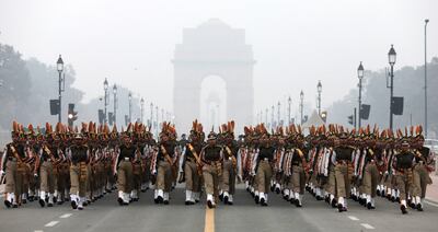 Indian paramilitary soldiers march during the Republic Day parade rehearsal in New Delhi. EPA