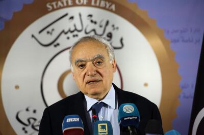 (FILES) In this file photo taken on April 6, 2019, Ghassan Salame, UN special envoy for Libya and head of the UN Support Mission in Libya (UNSMIL) speaks during a press conference in the Libyan capital Tripoli.  Salame warned on May 21, 2019, the battle for Tripoli was "just the start of a long and bloody war" and called for immediate steps to cut off arms flows fueling the fighting. "I am no Cassandra, but the violence on the outskirts of Tripoli is just the start of a long and bloody war on the southern shores of the Mediterranean, imperiling the security of Libya's immediate neighbors and the wider Mediterranean region,"  Salame told the Security Council. / AFP / Mahmud TURKIA
