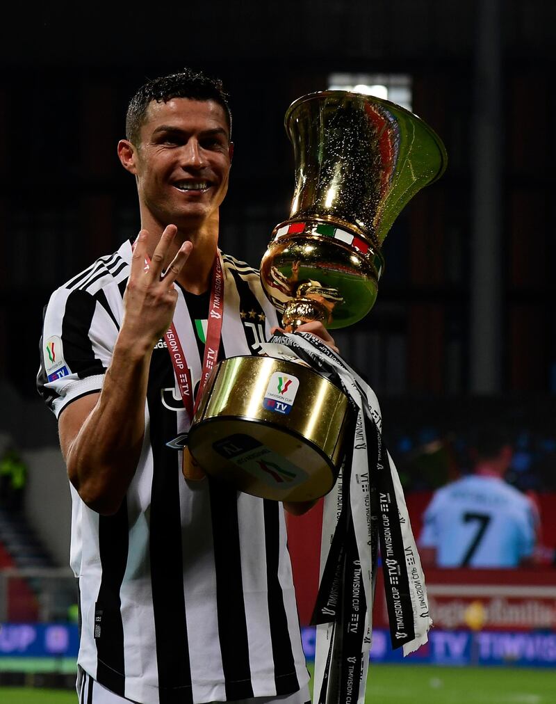 Juventus star Cristiano Ronaldo celebrates winning the Coppa Italia after the 2-1 victory against Atalanta. Getty