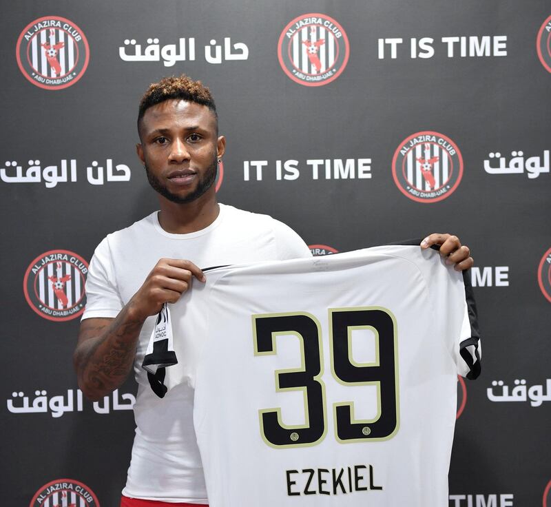 Emoh Ezekiel after completing the signing at Mohamed bin Zayed stadium on Saturday, 17 October 2020. Courtesy Al Jazira Club


