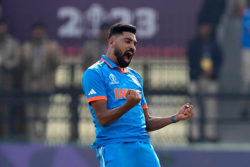 India's Mohammed Siraj celebrates the dismissal of New Zealand's Devon Conway. AP 