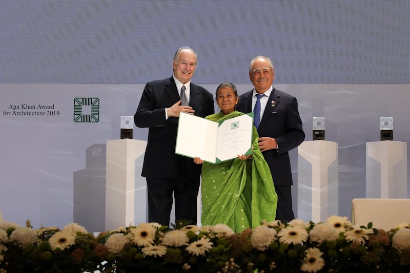 Razia Alam, Chairperson, Maleka Welfare Trust, Bangladesh is presented an Aga Khan Award for Architecture 2019 certificate for the Arcadia Education Project, South Kanarchor, Bangladesh, by His Highness the Aga Khan and Mintimer Shaimiev, State Counselor of the Republic of Tatarstan.