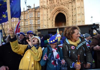 epa07431912 Pro-remain protesters rally outside parliament in London, Britain, 12 March 2019. British parliament will vote on British Prime Minister May's amended Brexit deal later in the day. Theresa May wants parliament to back her 'improved' withdrawal agreement she has negotiated with the EU over the so-called 'backstop'. The United Kingdom is officially due to leave the European Union on 29 March 2019, two years after triggering Article 50 in consequence to a referendum.  EPA/FACUNDO ARRIZABALAGA