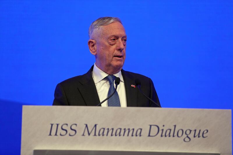 U.S. Defense Secretary James Mattis speaks during the second day of the 14th Manama dialogue, Security Summit in Manama, Bahrain October 27, 2018. REUTERS/Hamad l Mohammed