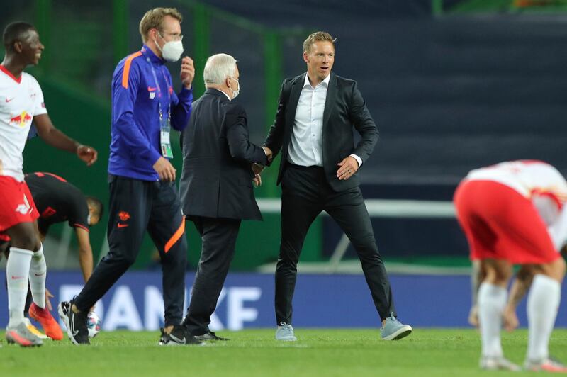 Leipzig's manager Julian Nagelsmann celebrates after the Champions League quarter-final win over Atletico Madrid at the Jose Alvalade Stadium in Lisbon on Thursday. AP