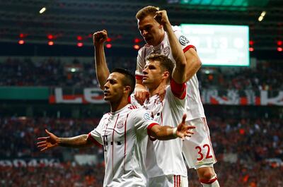 Soccer Football - DFB Cup - Bayer Leverkusen vs Bayern Munich - BayArena, Leverkusen, Germany - April 17, 2018   Bayern Munich's Thiago Alcantara celebrates scoring their fourth goal              REUTERS/Wolfgang Rattay    DFB RULES PROHIBIT USE IN MMS SERVICES VIA HANDHELD DEVICES UNTIL TWO HOURS AFTER A MATCH AND ANY USAGE ON INTERNET OR ONLINE MEDIA SIMULATING VIDEO FOOTAGE DURING THE MATCH.     TPX IMAGES OF THE DAY